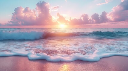 serene beach scene with pastel colors calm ocean waves ,tranquil sky