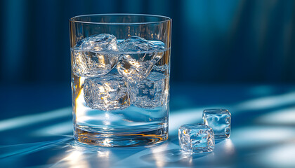 A glass of water with ice cubes sits against a vibrant blue background, creating a refreshing and inviting image. The clear water glistens as it reflects light, while the ice cubes add a touch of cool