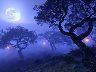 A haunted, foggy moor with twisted trees and mysterious, glowing lights in the distance. The full moon casts a ghostly light, adding to the eerie atmosphere.
