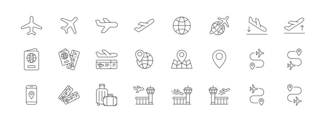 Airplane icon set. Airport icon. Flying icon set. Plane vector air flight destination location pin symbol sign airline fly landing arrival departure aeroplane passport boarding pass take off map trip