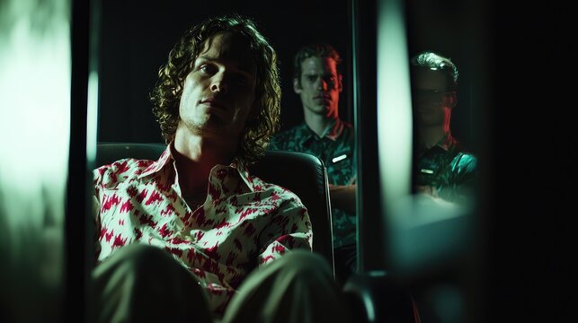 A tense cinematic moment featuring a person in a floral shirt, surrounded by mysterious figures in a dimly lit setting.