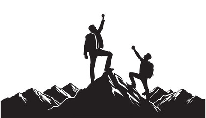 Silhouette of a happy climber at the top of the mountain with his hand vector illustration design black and white art