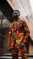 Fototapeta premium An African man in a vibrant Kente suit stands in front of a modern building, blending traditional attire with urban surroundings in a striking contrast.