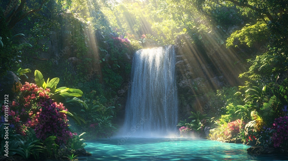 Poster sunlight streams through lush foliage, illuminating a waterfall cascading into a tranquil lagoon.
