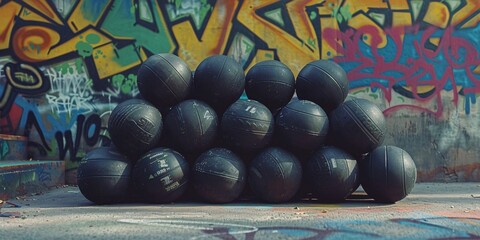 Street art fitness studio, Urban gym with graffiti walls, Functional fitness medicine ball
