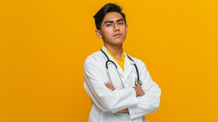 A confident young male mixed-race doctor in a studio portrait with a stethoscope, crossed arms, and determined expression, ready to face challenges.