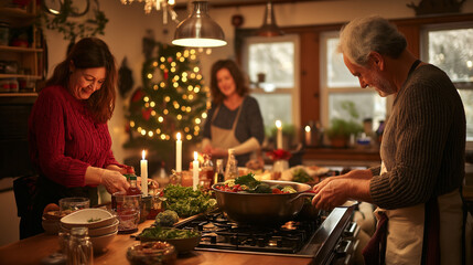 Family cooking Christmas dinner together in cozy kitchen with festive decor