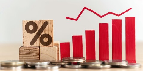 Wooden blocks with percentage sign and coins in front of red graph. Finance and economic growth concept.