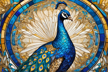 Fantasy abstract portrait of an elegant peacock tropical exotic bird animal with a colorful stained glass decoration.
