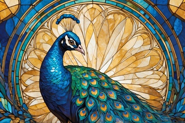 Fantasy abstract portrait of an elegant peacock tropical exotic bird animal with a colorful stained glass decoration.

