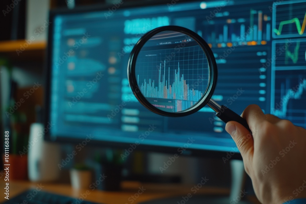 Aufkleber data analysis on computer screen with magnifying glass