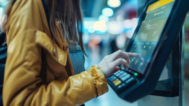 Woman in yellow jacket uses touchscreen at airport kiosk, amidst busy background.