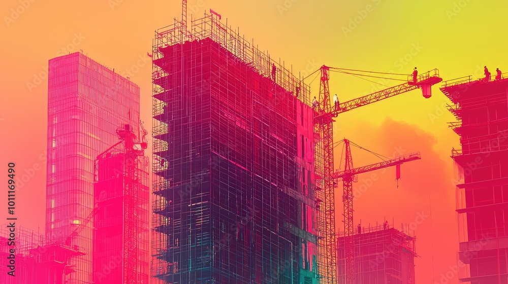 Poster a vibrant construction site with cranes and scaffolding, showcasing modern architecture under a colo