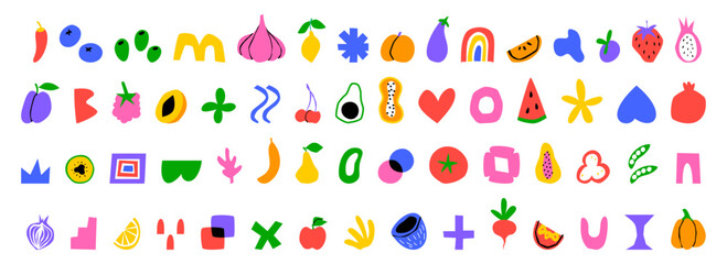 Food shape pattern. Abstract design ornament. Modern organic geometry minimal style Matisse. Geometric doodle trendy elements. Simple tropical fruits. Cute nature garish art. Vector flat icons set