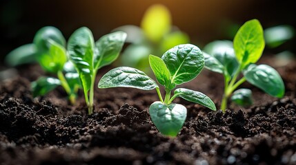 young green seedlings sprouting from rich soil symbolizing growth new beginnings ,potential