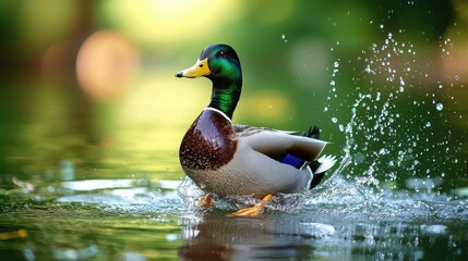 A vibrant mallard duck splashes through a serene pond, showcasing its colorful feathers and lively spirit in nature.