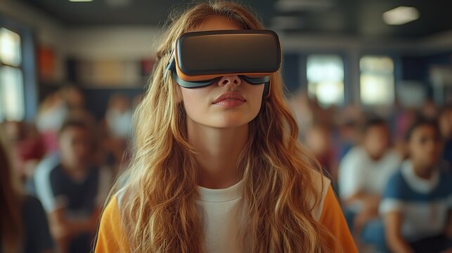 young high school teacher giving lesson to students with vr goggles in classroom