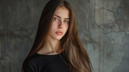 Fototapeta premium Close-up portrait of a serene teenage girl with long hair, blue eyes, and a black top. Details like yellow skin tone, deep-set eyes, and pink lips add to the tranquil vibe.