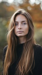 Obraz premium A serene young woman with blonde hair, blue eyes, and freckles wearing a black sweater stands outdoors in an autumn forest, exuding a calm demeanor while looking directly at the camera.