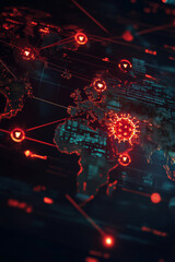 Obraz premium The visual illustrates a world map adorned with glowing red dots, symbolizing various global connections and data points. It emphasizes a modern, digital representation of our interconnected world.