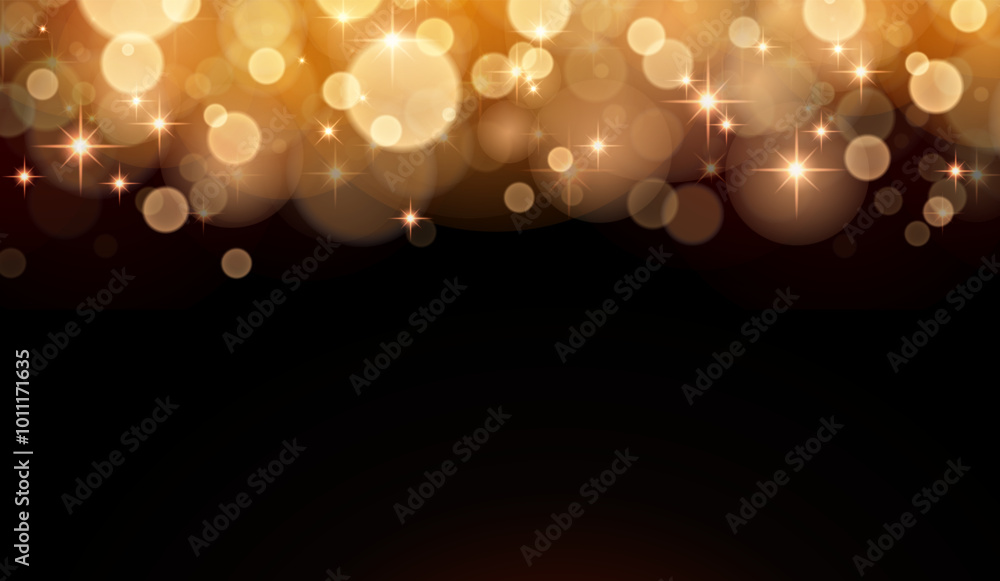 Poster christmas golden bokeh lights border background. golden bokeh with falling sparks and blur effect ba