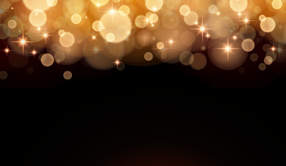 Christmas golden Bokeh lights border background. Golden bokeh with falling sparks and blur effect background. Blured gold lights on black background.Magic xmas light effect design element.Vector