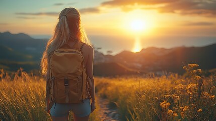 Fototapeta premium young tourist woman traveller with backpack walking in nature active hiker on trail in mountains enjoying sunset banner with copy space