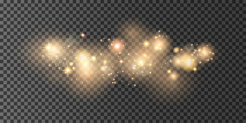 Festive sparkling gold dust on transparent background. Christmas glowing light and glitter overlay texture. Golden stars shine with special light.Golden dust for design decoration with overlay. Vector