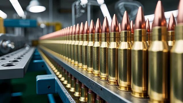 Ammunition Production Line with Bullets in Factory Manufacturing Setting

