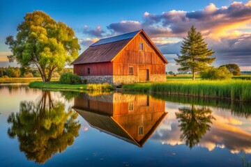 Obraz premium Serene Reflection of a Barn in Tranquil Waters - Stunning Landscape Photography for Nature Lovers and Art Enthusiasts