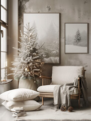 Mockup of a Scandinavian-style room decorated for the New Year.
