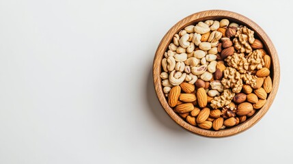 A wooden bowl filled with a variety of nuts and seeds.