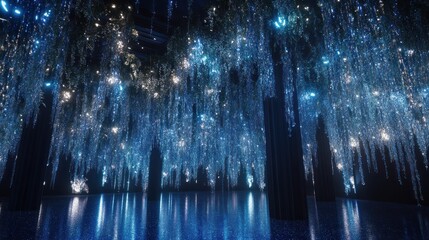 Obraz premium A mesmerizing space filled with glowing blue lights and cascading floral elements.