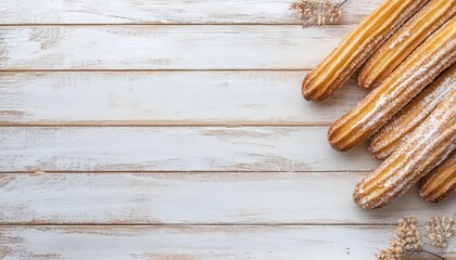 Churros on rustic white wooden background