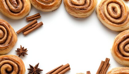 Cinnamon rolls and spices arranged in circular layout