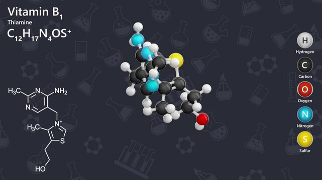 Molecule of Vitamin B1 or Thiamine (C12H17N4OS) is a water-soluble vitamin. It plays a vital role in energy metabolism and is essential for converting carbohydrates into energy. Dark back. 3d render