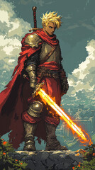 Fototapeta premium retro pixel art knight stands confidently with glowing sword, showcasing spiky blonde hair and striking red cape. vibrant background enhances heroic atmosphere