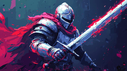 battle ready knight in shining armor wields glowing sword, exuding strength and determination. vibrant colors and dynamic pose create intense atmosphere of valor and adventure