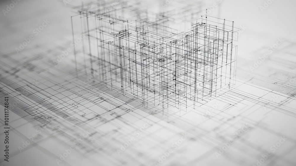Poster abstract architectural design concept featuring thin lines and geometric shapes on a bright backgrou