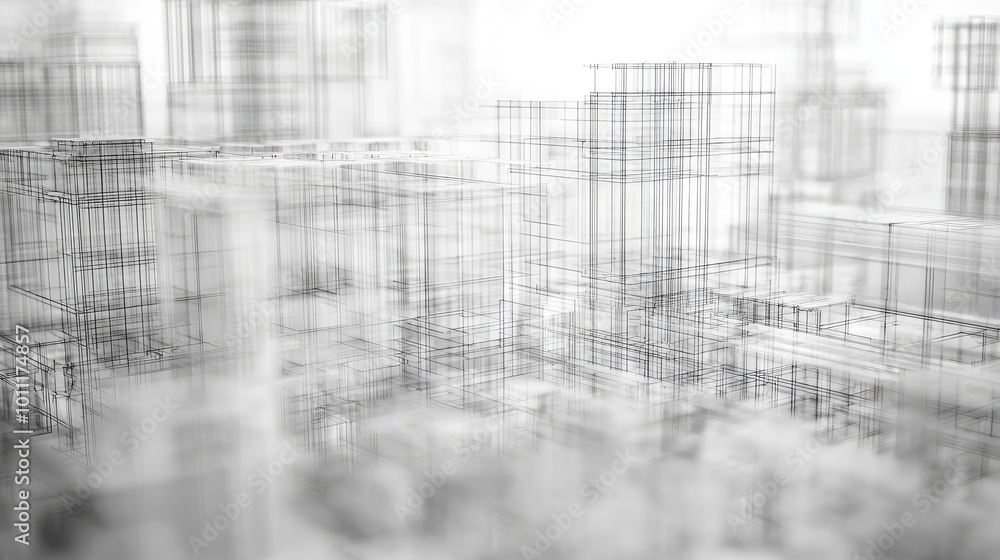 Poster abstract architectural concept with transparent grid structures in a minimalist style, representing 