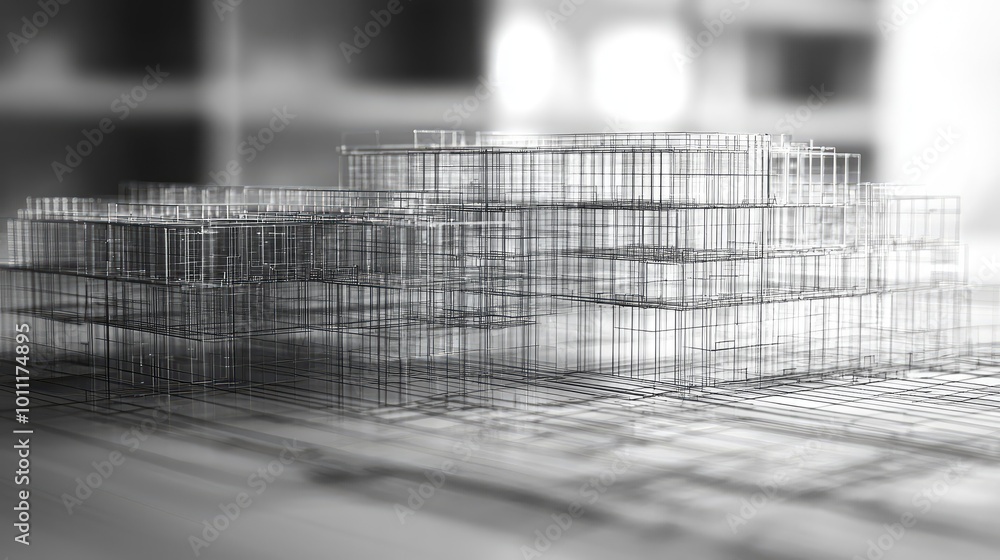 Poster abstract view of metallic wire frames stacked together in a construction environment, showcasing dep