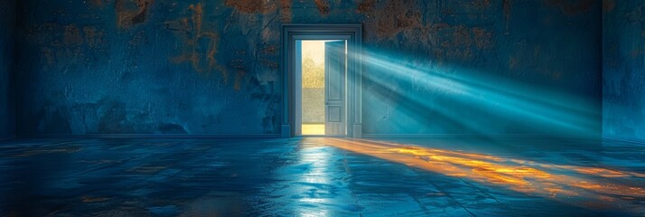 A single door in a dark, empty room, with bright light penetrating through.