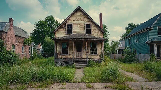 An abandoned house in a overgrown neighborhood, showcasing the beauty of decay and nature reclaiming urban spaces.