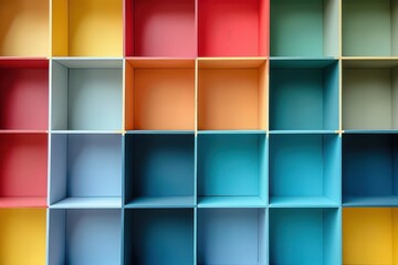 Colorful shelving unit in a modern interior design setting, showcasing vibrant boxes arranged in a grid pattern