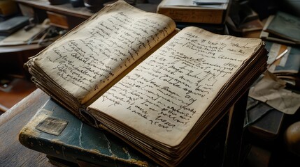 Fototapeta premium An aged book filled with handwritten notes, symbolizing knowledge, history, and timeless stories waiting to be uncovered.