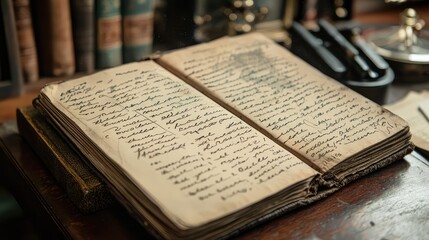Obraz premium An antique book with handwritten text, resting on a wooden desk beside old books and stationery, perfect for vintage themes.