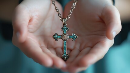 An ornate cross necklace held in gentle hands, symbolizing faith and devotion, perfect for showcasing jewelry in a spiritual context.