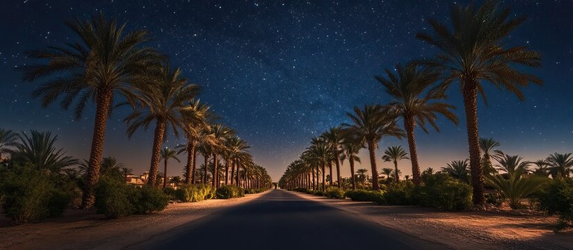 Night Sky Over Palm Tree Lined Road