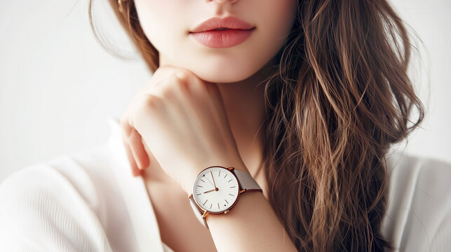 Elegant woman wearing stylish watch with minimalistic design