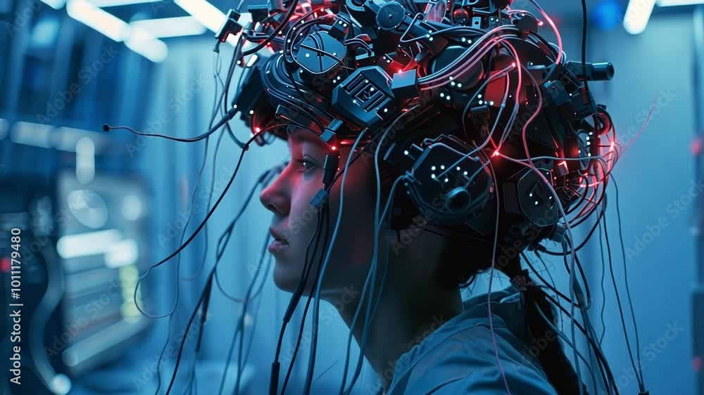 Poster scientist is working in a laboratory, wearing a brain computer interface with electrodes and wires. 